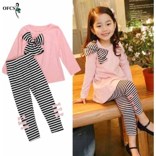 Girls Fashion Leisure Suit Kids Stripe Clothes Childrens Long sleeve T-shirt + Trousers two pieces Clothing Set Cotton Jerseys