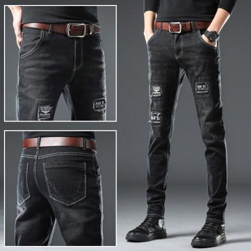 2021 Men’s Slim-fit Scratched Ripped Jeans,Patched Decors Elastic Denim Pants,Classic Black&Blue Color Casual Pants,Youth Must