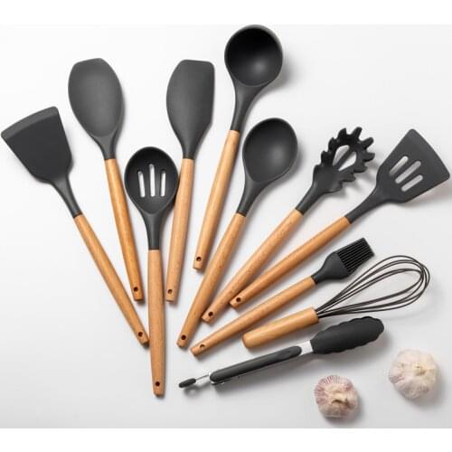 Silicone Cooking Utensils Set Kithcen Non Stick Spatula Shovel Soup Spoon Wooden Handle Heat Resisant 9 Pieces Cooking Tools set