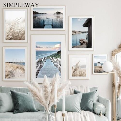 Morning Sunrise Wall Art Print Nordic Landscape Poster Beach Bridge Canvas Painting Scandinavian Living Room Decoration Picture
