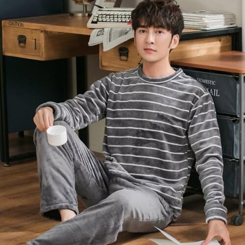 2021 New Winter Thick Warm Flannel Men Pajama Set Casual Long Sleeve Coral Velvet Sleepwear Suit Men Loungewear Homewear Clothes