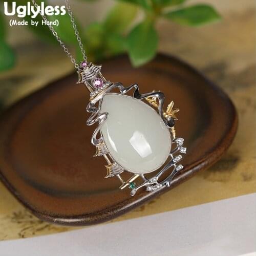 Uglyless Natural Jade Water Drop Pendants for Women Handmade Temples Pavilions Buildings Necklaces No Chains 925 Silver Jewelry