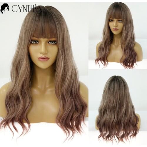 Long Wavy Ombre Daily Synthetic Wig With Bangs For Black White Women Natural Fake Hair Blonde Heat Resistant Cosplay Curly Wigs