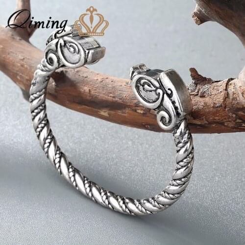 QIMING Retro Open Dragon Viking Bracelets Bangles For Men Vintga Antique Fashion Bracelet Women Silver Cuff Bangles