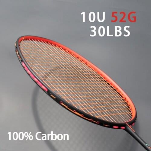 Lightest 10U 52G 100% Carbon Fiber Badminton Rackets Strung Professional Racquet Max Tension 30LBS G4 Trainning Racket With Bags