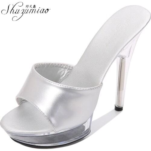 SHUZUMIAO 2021 Summer Women Open Toe Slides Platform Designer 13/15cm Thin High Heels Slippers Lady Stripper Heels Slides Shoes