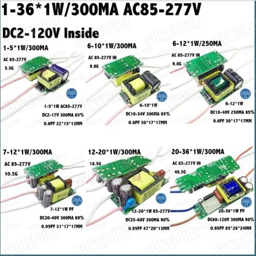 Inside 1-36W PFC AC85-277V LED Driver 1-5x1W 6-10x1W 7-12x1W 12-20x1W 20-36x1W 300mA DC2-120V Constant Current Free Shipping