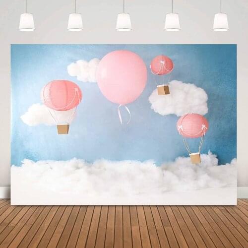 Hot Air Balloon Cake Smash Backdrop Blue Sky White Cloud Children Birthday Party Background Decoration Portrait Studio Props