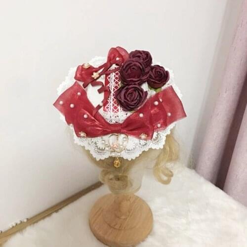 Japanese Lolita Lace Bonnet Top Hat Sweet Bowknot Rose Flower Heart Pendant Flat Cap Kawaii Cosplay Side Hair Clip
