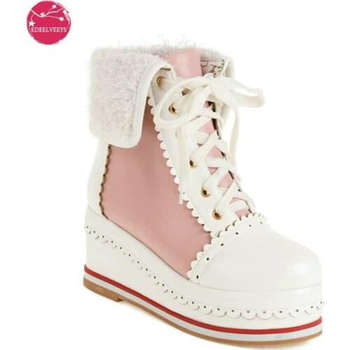 Womens Sweet Lolita Boots Cosplay Lace Up Platform Wedge Booties Party Lolita Princess Shoes Suede Lapel Fashion Mixed Color