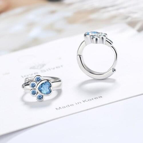 New Cute Zircon Blue Cat Paw Print Hoop Earrings Girl Fashion Jewelry 925 Sterling Silver Earring Women Birthday Present KOFSAC
