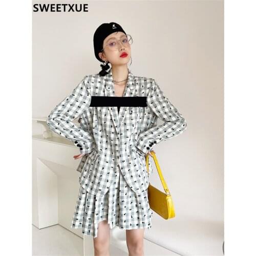 SWEETXUE Preppy Style Skirt Two-Piece Suit Spring 2021 New Jacket + Pleated Skirt Fashion Temperament Sets Female Outfits Ladies