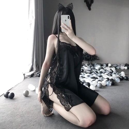 Fashion Sexy Lace Satin Lingerie Smooth Silk-like Sleeping Night Dress Temptation Underwear Sling Embroidery V-neck For Women