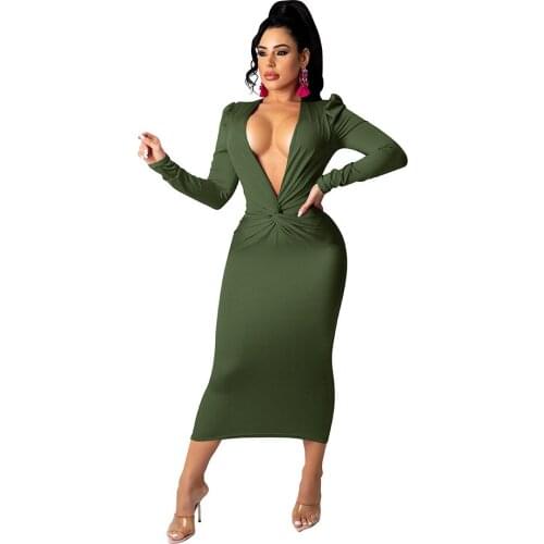 Womens Sexy Summer Spring Long Sleeve Dress Party Evening Solid Bodycon Deep V Neck Party Midi Pencil Dress
