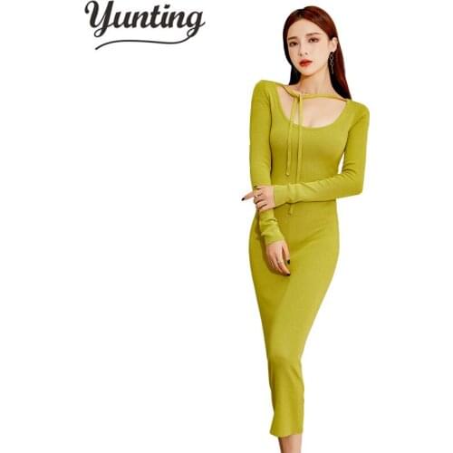 New Women Single-breasted Knitted Sheath Dresses Office Bodycon Pencil Dress Elegant Slim Simple Bottoming Vestidos