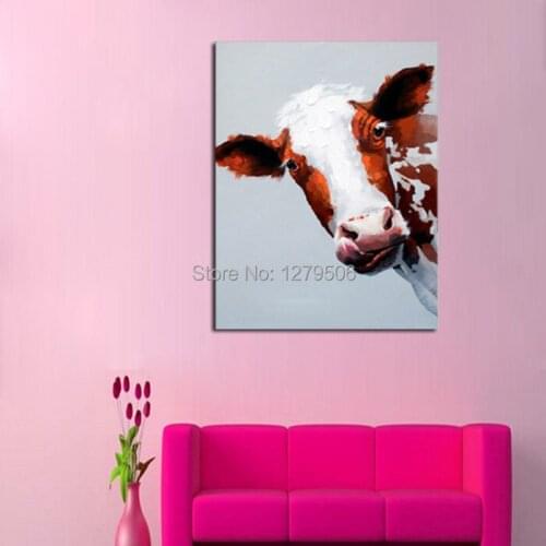 100% Handpainted Oil Paintings Picture Panel Adorable Cow Animal Oil Painting on Canvas for Home Decoration