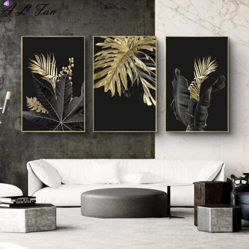 Abstract golden plant leaf canvas art painting nordic poster black white minimalist print picture modern wall living room decor