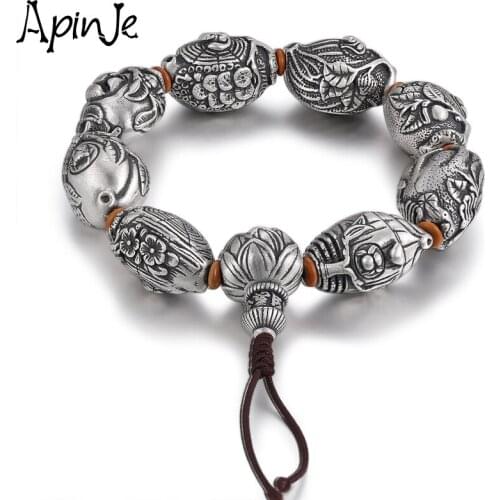 Apinje String Bracelet 925 Sterling Silver Bracelet Men Plant Flower Elastic Rope Buddha Bead Braided Bracelet