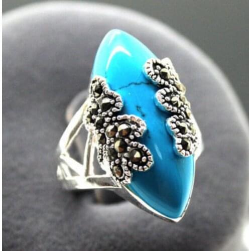 Free shipping wholesale Rare Vintage Style Blue Natural jade & Marcasite 925 Silver Ring Size 7.8.9.10