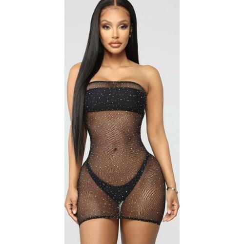 Exotic Dresses Off Shoulder Fishnet Mesh Lingerie Dress Black Khaki Diamond Sexy Erotic Costume for Women Sexi Sleepwear HW3445