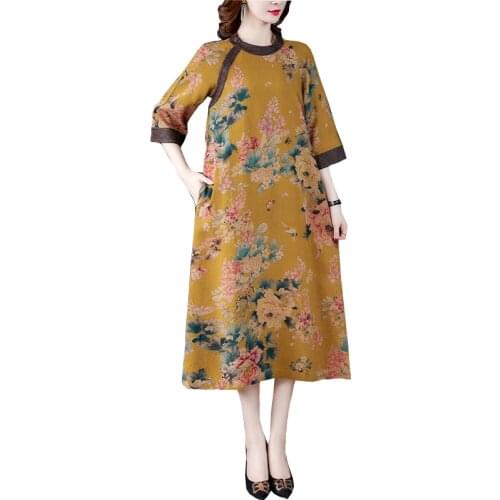 Cotton Satin Vintage Floral Dresses For Women Casual Loose Mid-Length Woman Autumn Dress Elegant Clothes 2021 Sundress FC1375