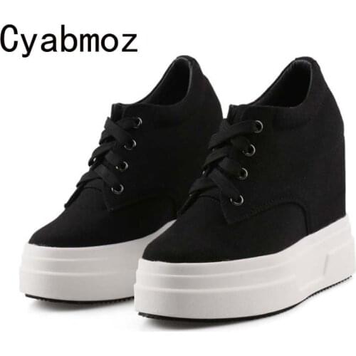 13CM Women Black Canvas Shoes Height Increasing Sneakers Comfortable Casual Shoes Hidden Wedges Platform Ladies Leisure Shoe
