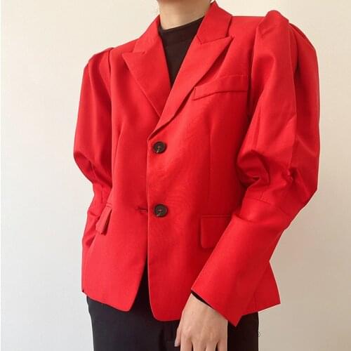 Korean Single-breasted Turndown Collar Lantern Sleeve Blazer Spring Autumn 2021 Loose Casual Red Black Suit Jacket Female Coat