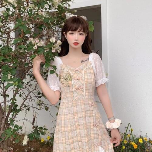 Korean Elegant Waist Hugging Slim Square Collar Mesh Polka Short-Sleeve fairy dress tea party lolita dress sweet lolita doll