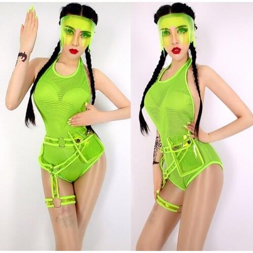 Bar Gogo Pole Dance Costume Fluorescent Green Bodysuit Performance Stage Clothing Jazz Dancing Wear Party Rave Clothes YS1867