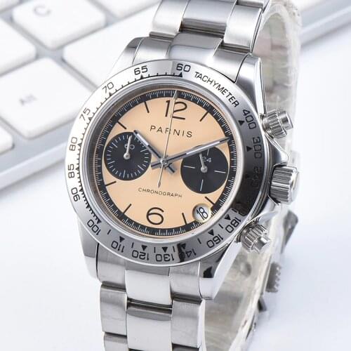 2019 39MM PARNIS Mens Waterproof Watch Stainless Steel Strap Auto Date Chronograph Mens Quartz Watches erkek kol saatleri Clock