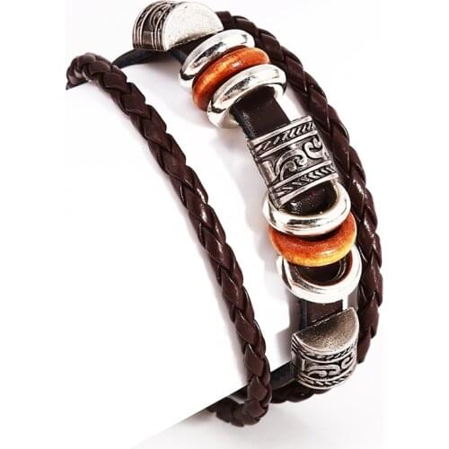 Winter Bracelet Men Casual Handmade Beaded Bracelets Easy Hook Brown Leather Hand Braided Vintage Punk Women Jewelry