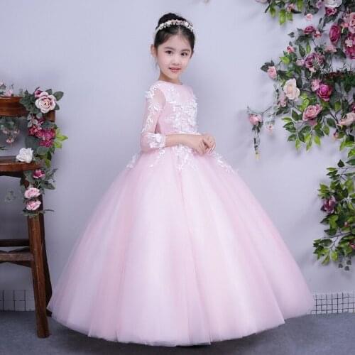 New Fluffy Tulle Ball Gown First Communion Dresses Pink Appliques Flower Girl Dress for Wedding Kids Long Prom Evening Gowns