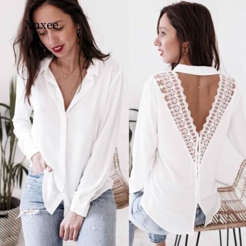 Sexy Lace Split Long Sleeve Backless Shirts Women Ladies Lapel Blouse Female Elegant Shirts Workplace Elegant Tops