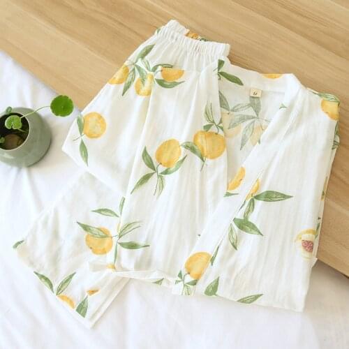 Kimono Pajamas Women Spring Summer Cotton Gauze Three-quarter Sleeves Japanese Season Cute Plus Size Home Service Thin Section
