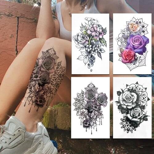 Sexy Rose Flower Temporary Tattoo For Women Cherry Blossoms Fake Tattoos Sticker Mehndi Henna Floral Waterproof Tatoos Thigh Arm