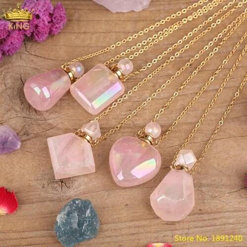 Titanium Aura Pink Roses Quartz Crystal Heart Drop Perfume Bottle Pendant Necklace Women Natural Stone Diffuser Bottle Jewelry