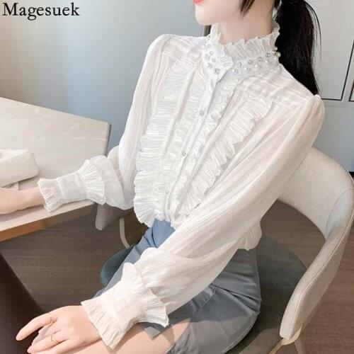 Vintage Ruffle Stitching Chiffon Shirt Elegant Stand Collar Women Blouse Long Sleeve Loose Stripe Slim White Tops Mujer 16232