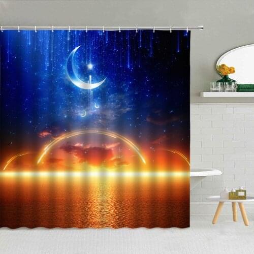 Moon Sea Level Night Scenery Shower Curtain Space Planet Landscape Bathroom Decor Bath Screen Waterproof Fabric Hooks Curtains