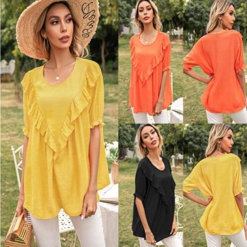 Womens Blouse Shirt Summer 2021 Short Sleeve O-Neck Elegant Ruffles Loose Woman Blouses Shirts Blusas Y Camisas Femme Clothing