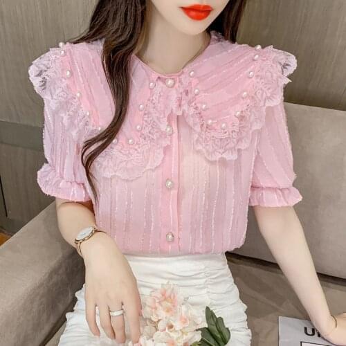 2021 summer new doll collar loose and thin short sleeve all-match chiffon shirt women Peter pan Collar