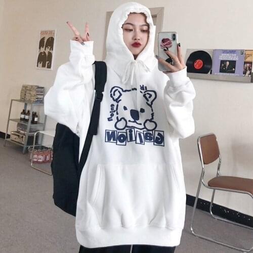 Za 2020 Harajuku Oversized Sweatshirt Bear chic Cute Hooded Female Autumn Winter Kawaii Plus Velvet Korean ins Loose Top Hoody