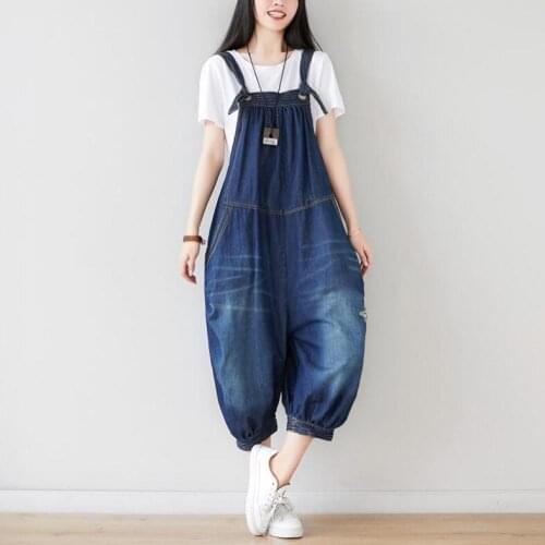 Womens Summer New Loose Casual Lantern Suspenders Pants Retro Washed Distressed Mid-length Denim Pants