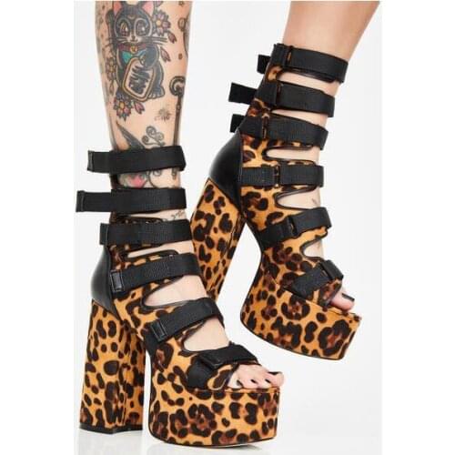 Carpaton 2019 Summer Newest Platform Thick Heels Sandal for Woman Open Toe Leopard Printed Cutouts Heels Gladiator Shoes