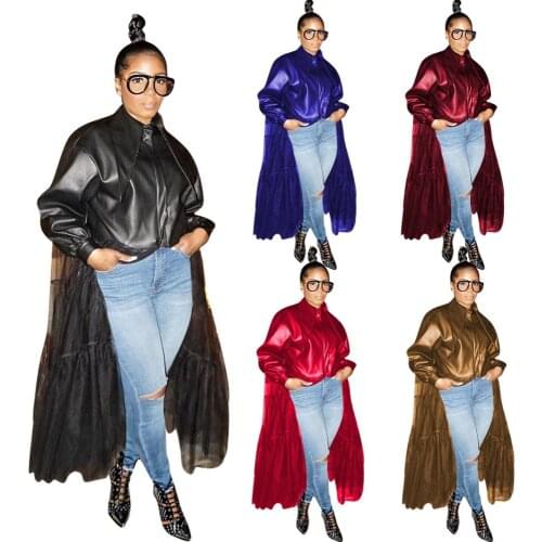 Wholesale new style fashion streetwear long sleeve solid zipper spliced mesh jacket women leather trench coats