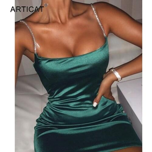 Articat Sexy Satin Diamond Strap Ruched Womens Dress Solid Square Collar Skinny Mini Dress Elegant Backless Party Clubwear Hot