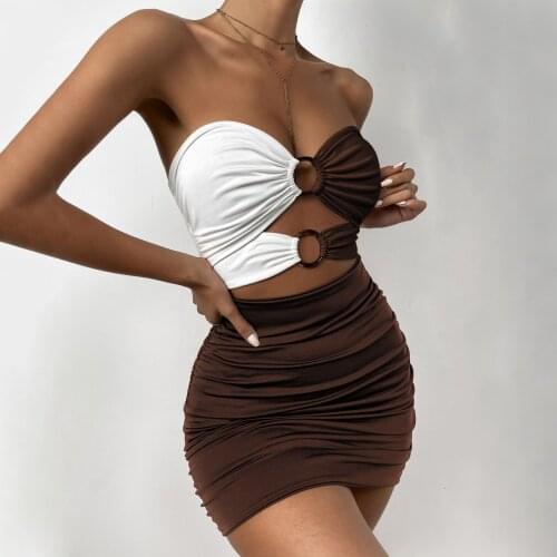 Summer Fall Color Matching Clothing Women Sexy Slim Hollow Sleeveless Pleated Bodycon dresses Fashion Low Cut Backless Vestidos