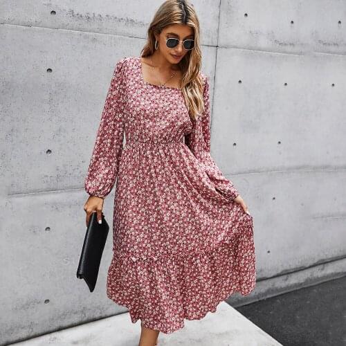Women Floral Print Autumn Dress 2020 Sexy Square Collar Viscose Long Sleeve Beach Dresses Female Mid Calf Bohemian Long Vestidos