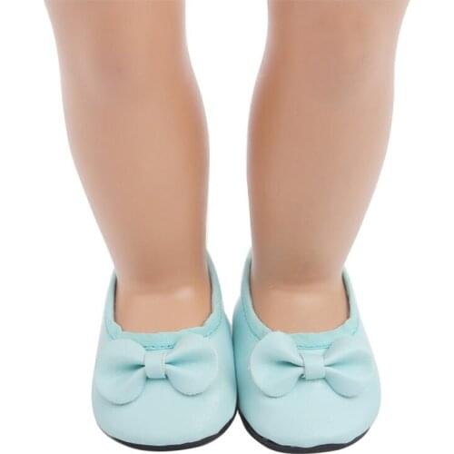 18 Inch American Doll Girls Shoes Newborn Pale Blue Bow Tie Dress Shoes Baby Toys Fit 40-43 Cm Boy Dolls Gift s19