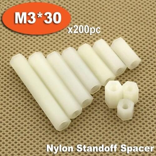 200pcs M3 x 30mm White Plastic Nylon Hexagon Hex Female Thread Nuts Standoff Spacer Pillars