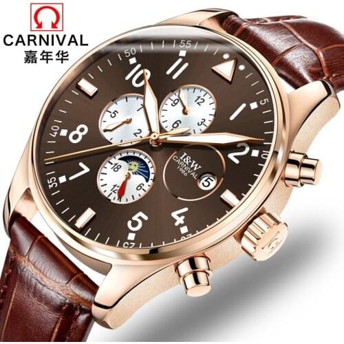 Carnival Top Brand Luxury Mens Watches Sapphire Fashion Mechanical wrist Watch Multifunction 6 Hands moon phase waterproof reloj
